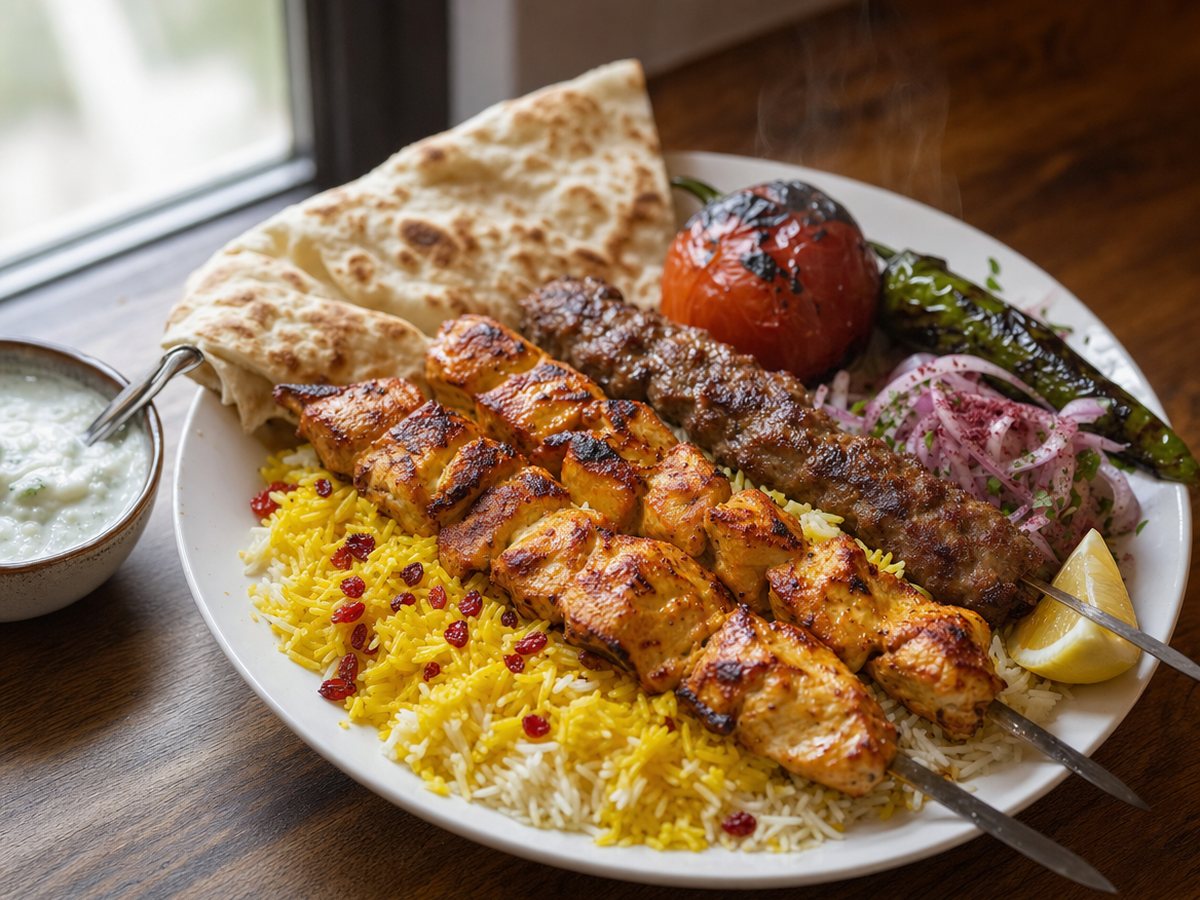 A platter of grilled chicken and kofta kebabs on saffron rice with barberries, with a charred tomato and pepper, sliced onion with sumac, lemon, flatbread and a bowl of yogurt sauce.