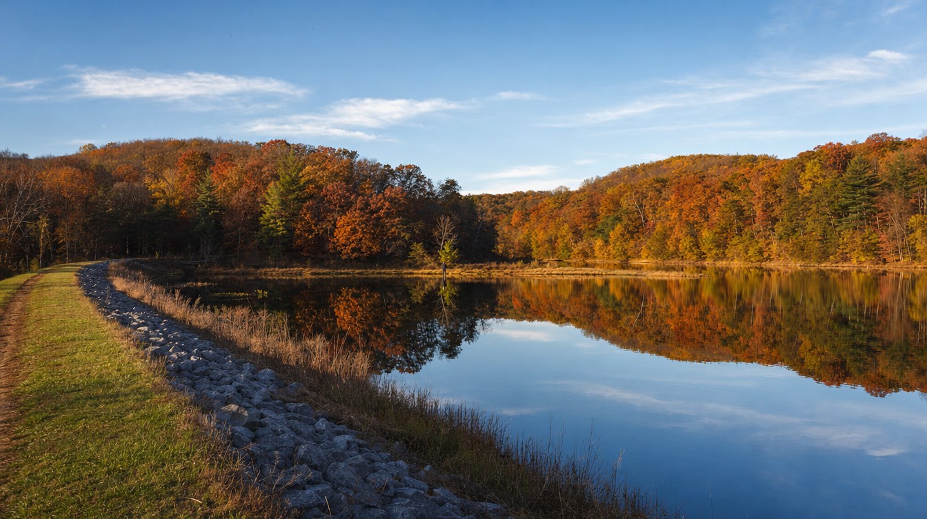 The grassy dam path and stone riprap along Huntsman Lake in the fall, with orange, red and gold wooded hills mirrored in the still water under a blue sky