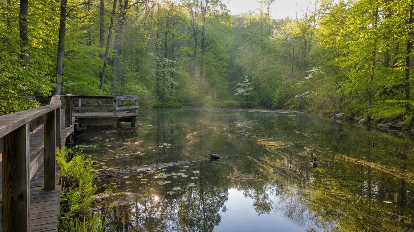 A weathered wooden boardwalk and lookout deck at the edge of Hidden Pond in spring, with lily pads, a turtle on a log, white dogwoods and fresh green woods reflected in the dark water