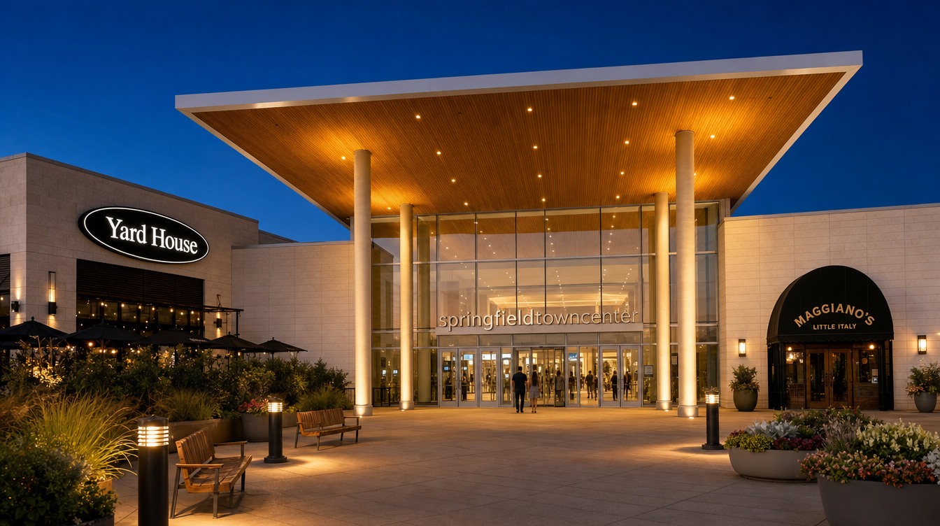 The main entrance of Springfield Town Center at dusk, a huge flat canopy with a lit wood underside on tall slim columns over a glass front, between the Yard House and Maggiano's Little Italy signs, with planters, benches and a few shoppers walking in