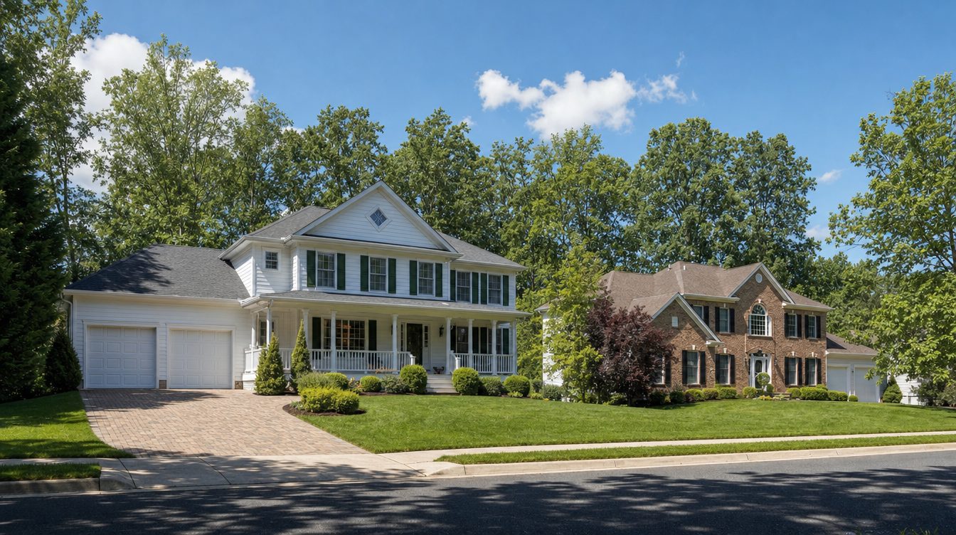 A white two-story colonial with dark green shutters, a full front porch, a diamond attic window and a two-car garage on a paver driveway, beside a brick-front colonial with an arched window, under tall summer trees