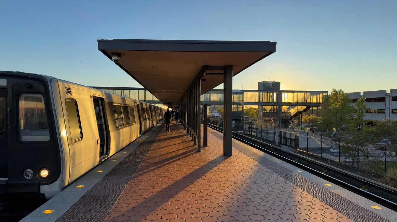 A silver Metro train waiting at the open-air Franconia-Springfield platform in early morning sun, with red hexagon pavers, a long flat canopy, a glass footbridge over the tracks and a parking garage beyond