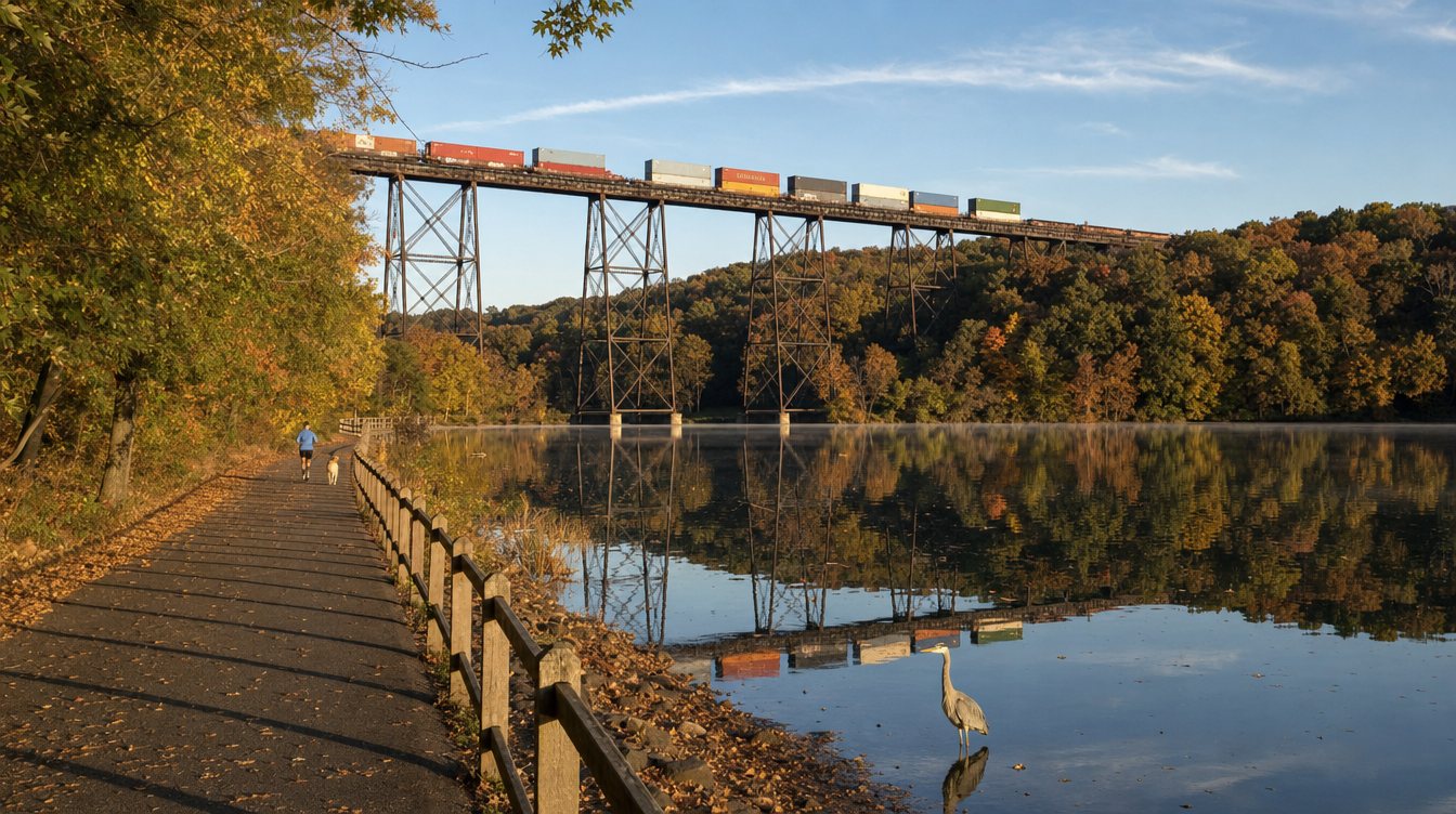 The tall railroad trestle over the end of Lake Accotink on a bright October morning, a freight train crossing above its reflection, with a heron in the shallows and the lakeside trail curving along a wooden fence under turning trees