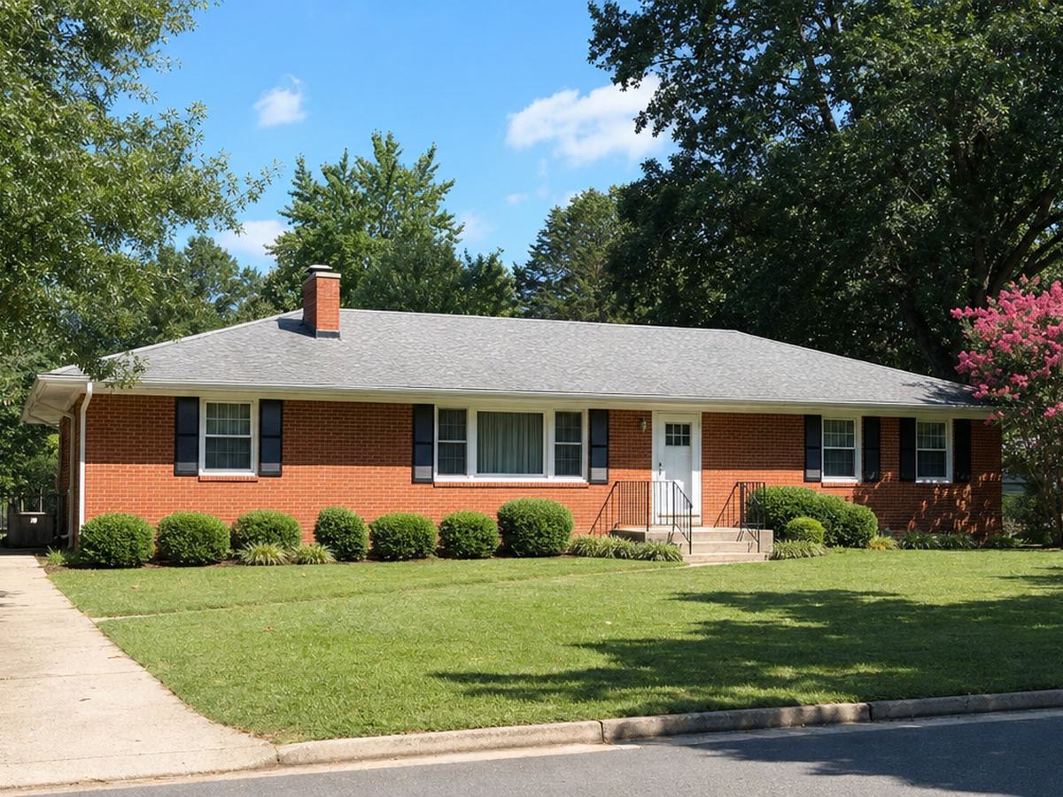 A one-story red-brick rambler with black shutters and a picture window behind a wide green lawn in summer.