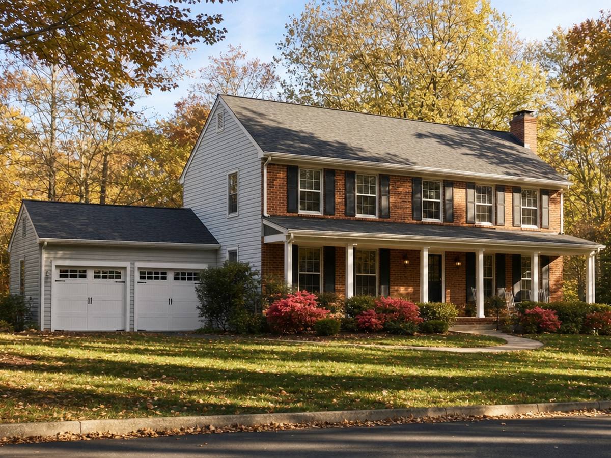 A two-story colonial with a brick front, long porch and two-car garage on a wooded lot in autumn.