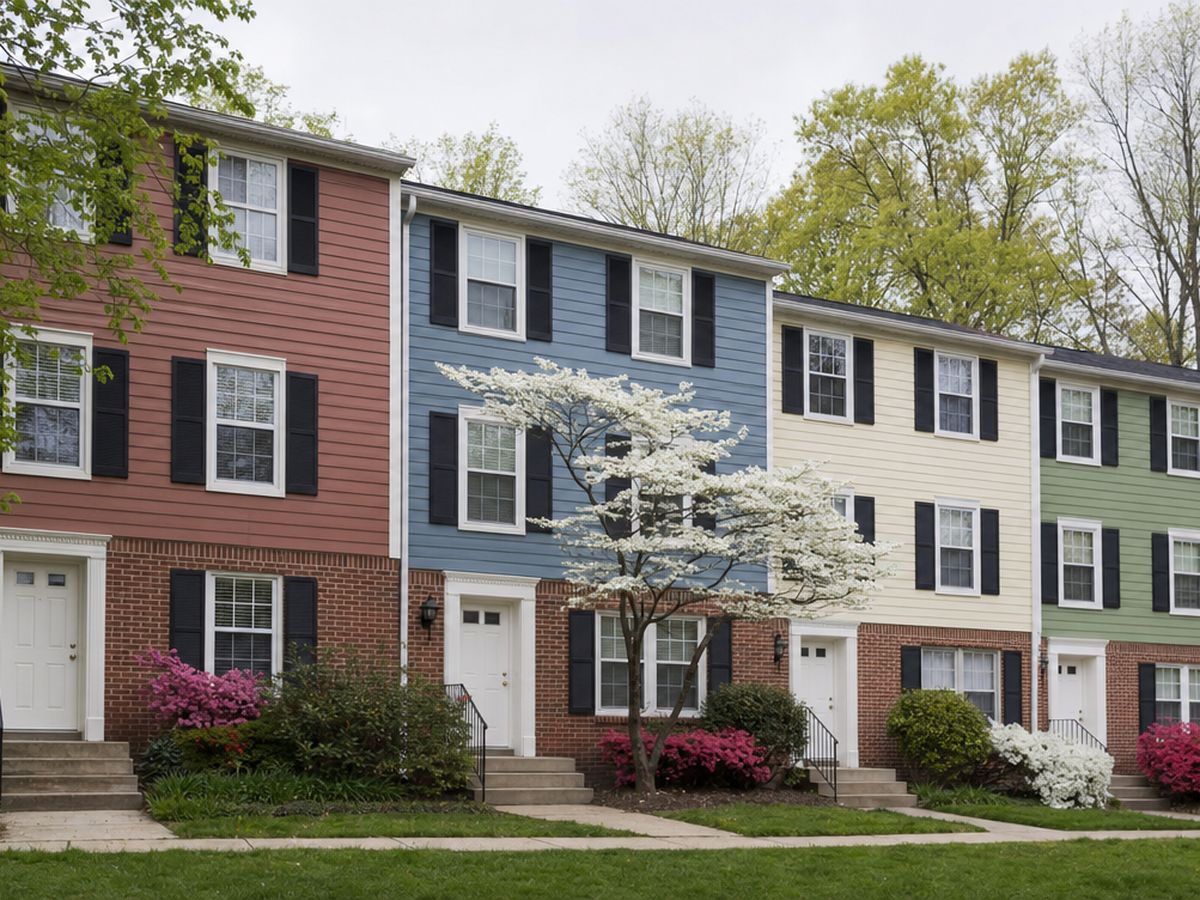 A row of three-story townhouses with brick lower fronts and colorful siding, with azaleas and a flowering dogwood.