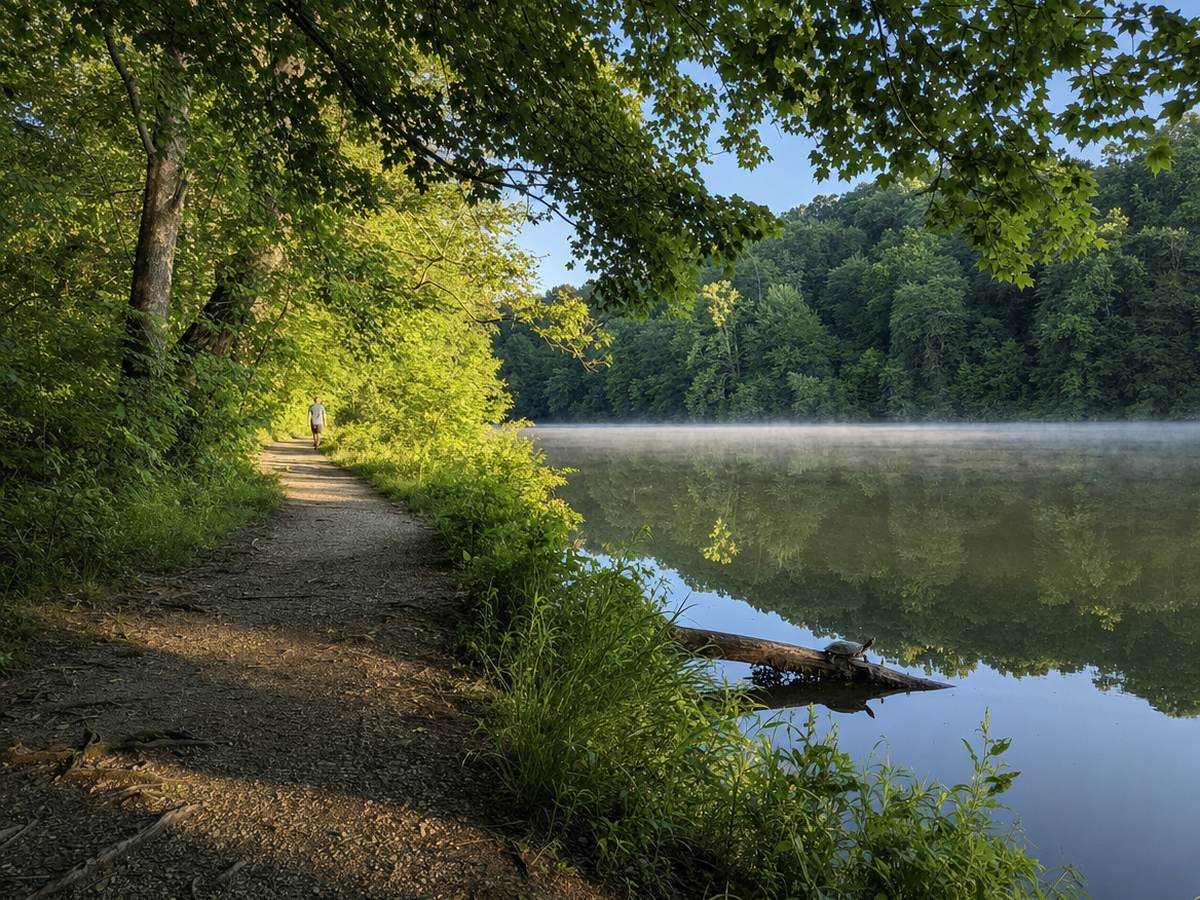 A dirt trail along the wooded shore of Lake Accotink on a calm morning, with mist on the water and a fallen log at the edge.