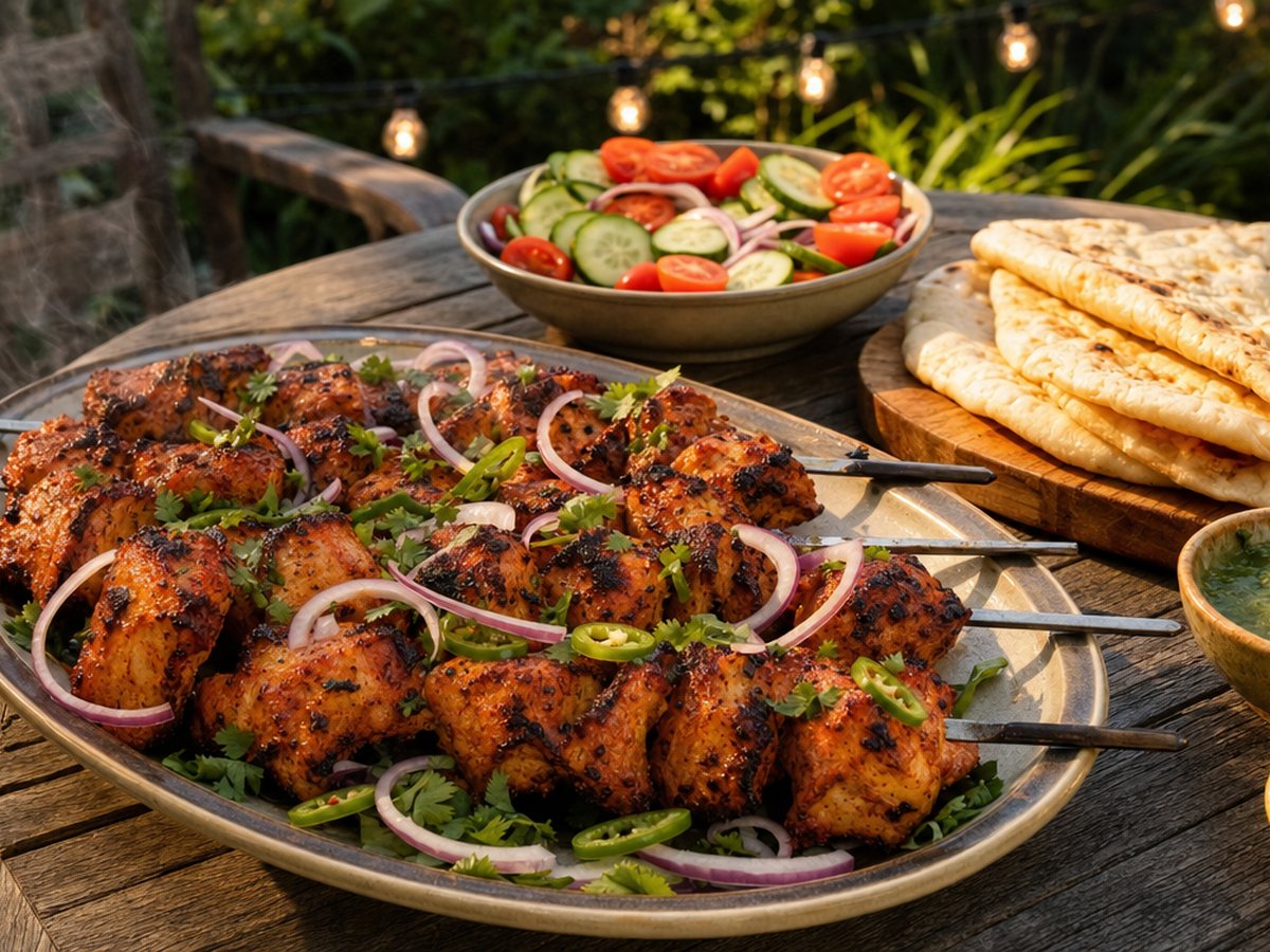 Skewers of charred chicken tikka with sliced red onion, green chili, naan, lemon and a bowl of mint chutney on a wooden table.