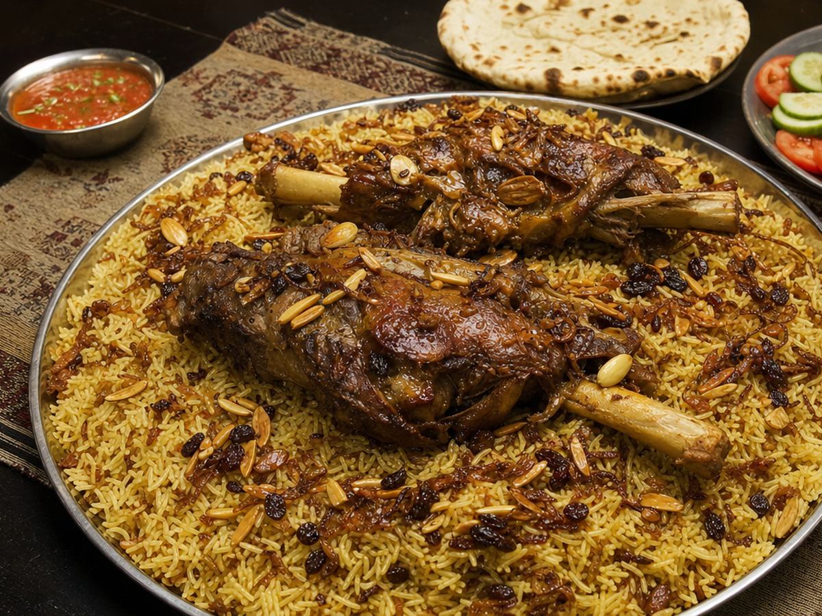 A large platter of lamb mandi with roasted lamb shanks on yellow rice with almonds and raisins, a bowl of red sauce and a salad.
