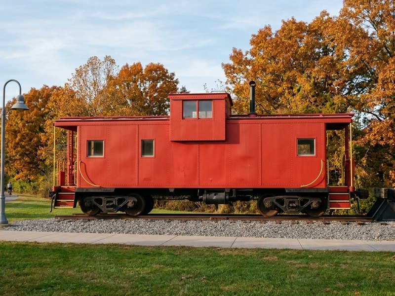 A red caboose on display track beside the cream-colored old train depot