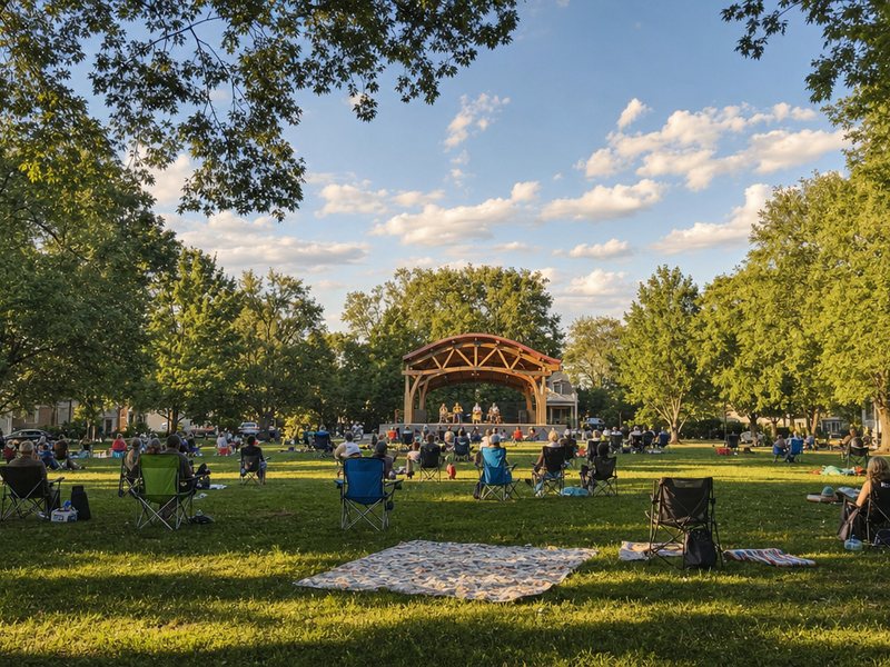 A summer concert on the Vienna Town Green, with blankets and lawn chairs in front of the small timber stage pavilion