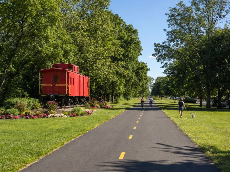 The paved W&OD Trail running under tall trees, with two cyclists and a runner