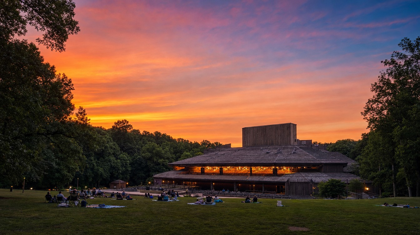 The timber Filene Center at Wolf Trap glowing at dusk under an orange and violet sunset sky, with people on blankets and chairs across the lawn and tall woods all around