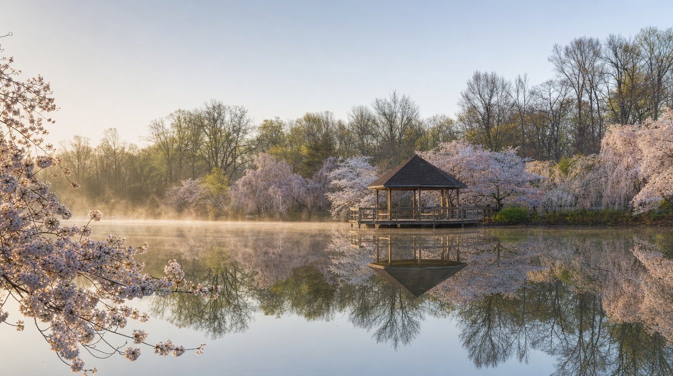 Cherry trees in pale pink bloom around the lake at Meadowlark Botanical Gardens, with a wooden gazebo on a small pier mirrored in the still water on a misty spring morning