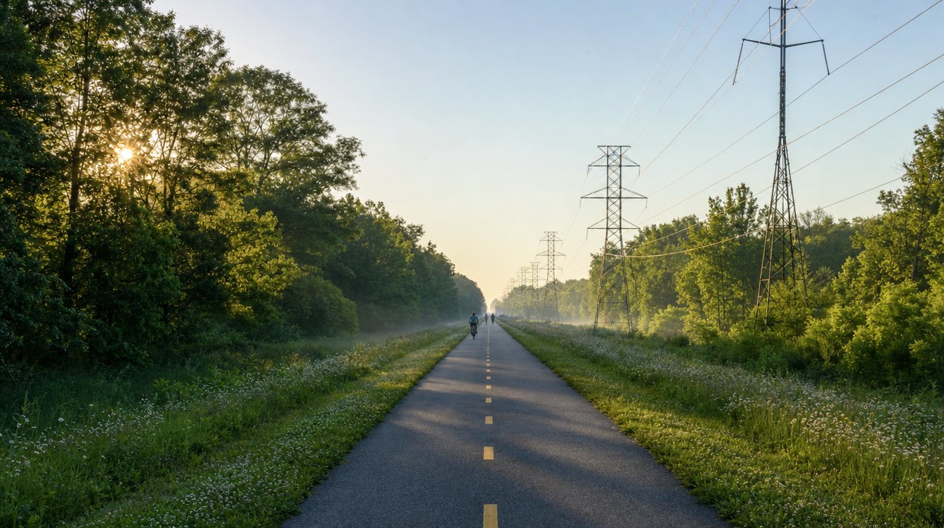 The paved W&OD Trail running straight between green woods on a summer morning, with a dashed yellow center line, power-line towers alongside and a cyclist far down the path