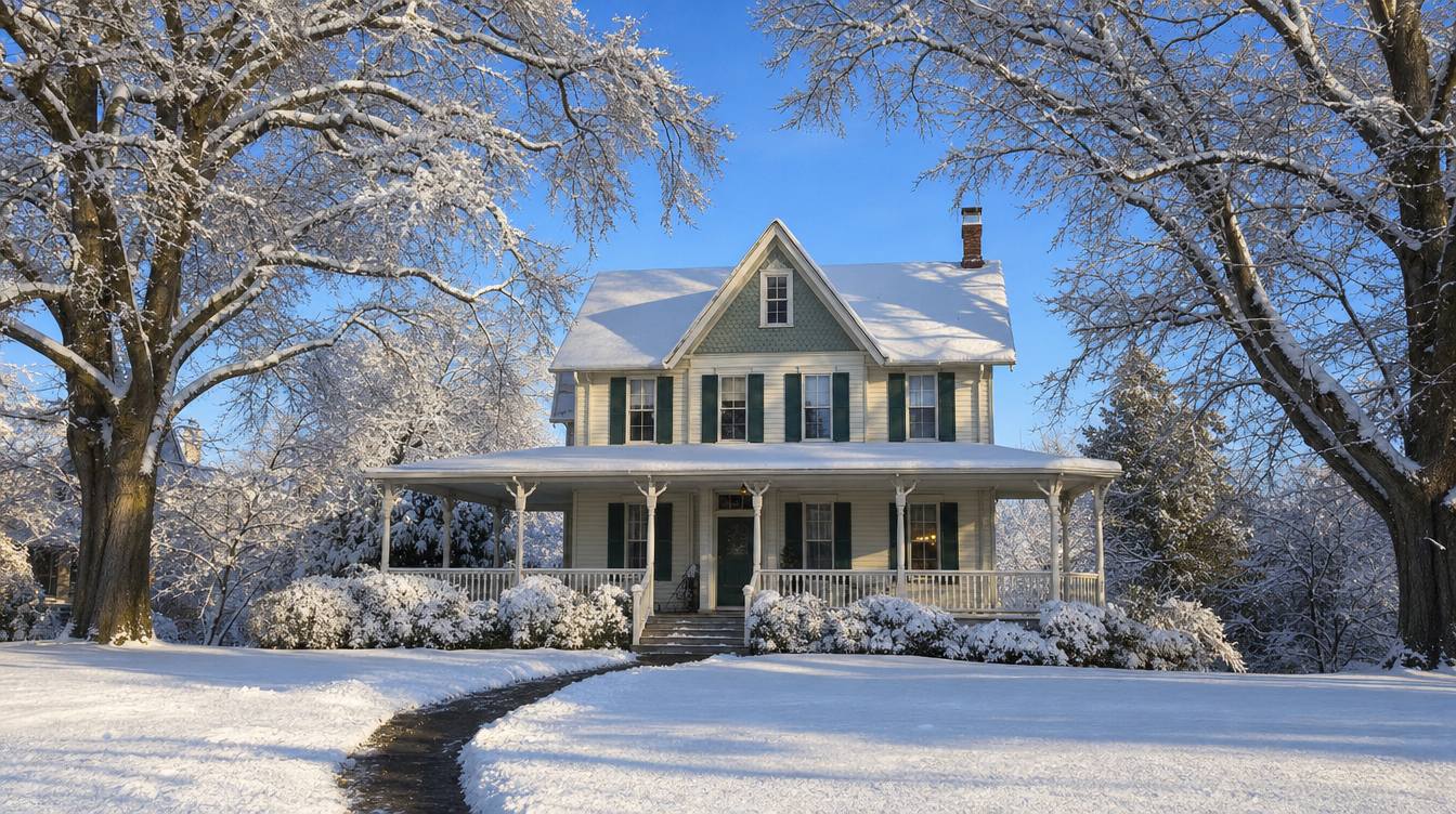 A cream Victorian farmhouse with a wraparound porch, dark green shutters and a sage shingled gable after a snowfall, under big snow-covered trees, in the style of the Windover Heights historic district