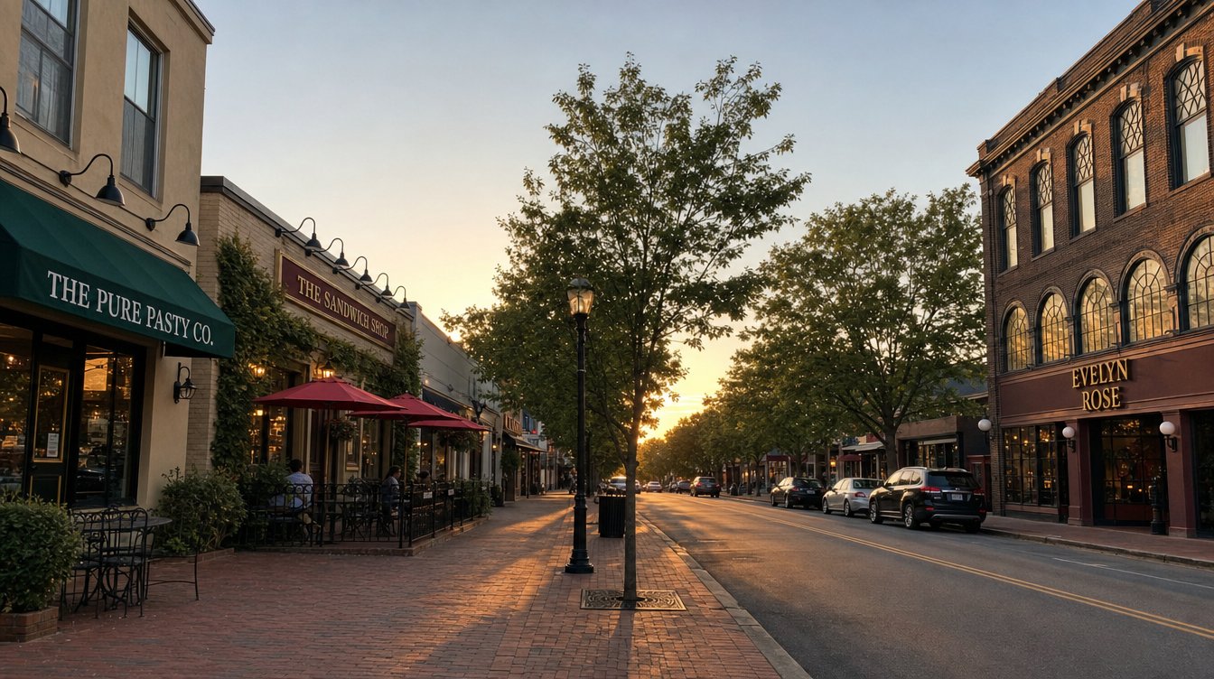 Brick sidewalks on Church Street at golden hour, with patio tables under red umbrellas outside The Sandwich Shop, the green awning of The Pure Pasty Co. and the Evelyn Rose sign across the street