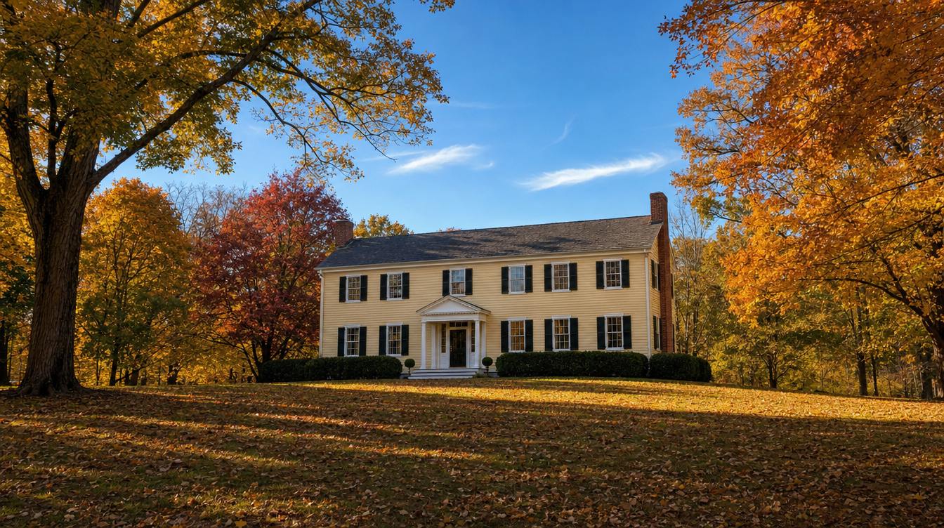 The pale yellow Hunter House with black shutters and a small white portico on a leaf-covered lawn in Nottoway Park, framed by orange and gold fall trees
