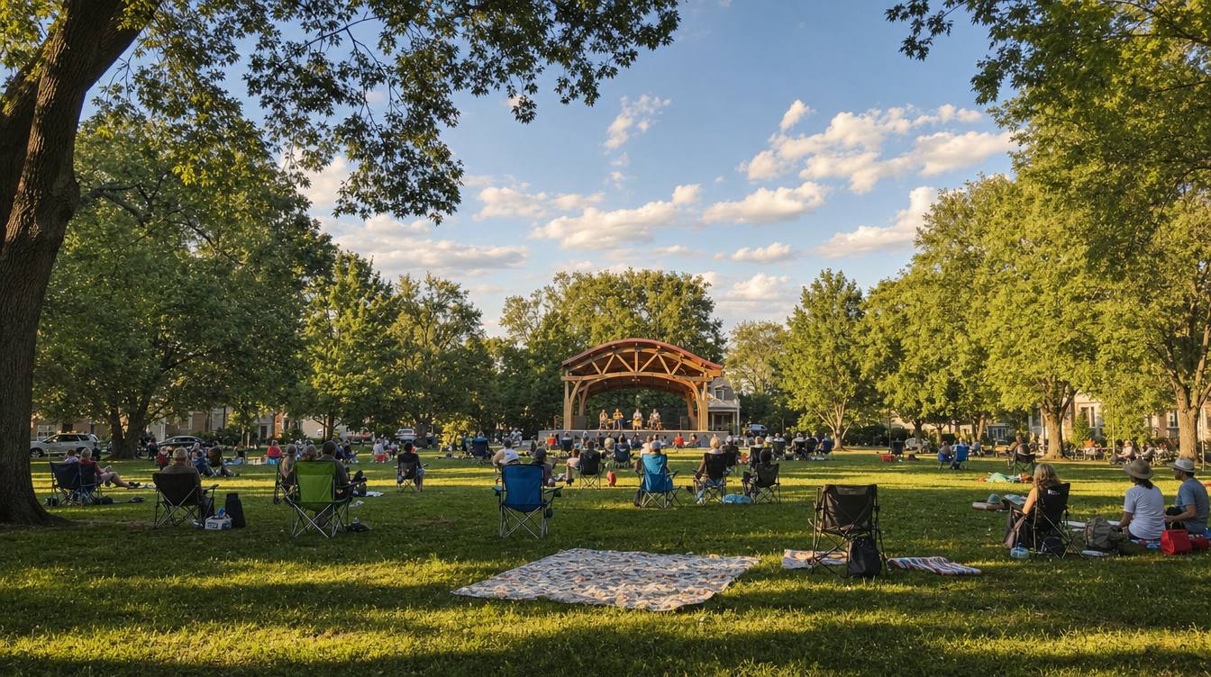 A summer evening concert on the Vienna Town Green, with people in lawn chairs and on blankets facing the timber bandstand under big shade trees