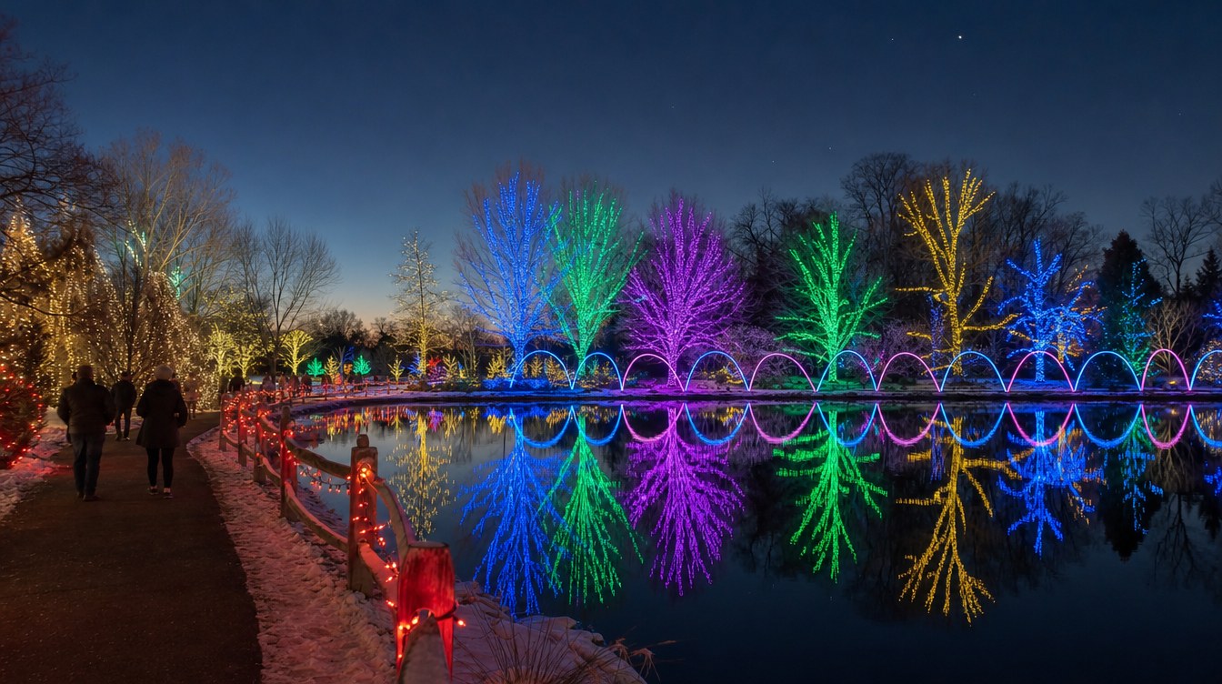Trees wrapped in blue, green, purple and gold lights and glowing arches doubled in the lake at Meadowlark's Winter Walk of Lights, beside a path lined with a red-lit split-rail fence