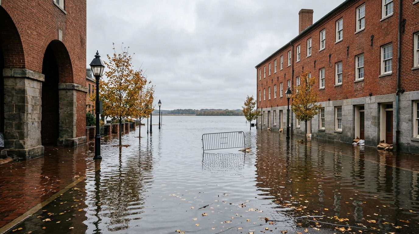 Artist's rendering: lower King Street in Old Town Alexandria under a tidal flood, water over the brick sidewalk and street between old brick buildings, the Potomac beyond