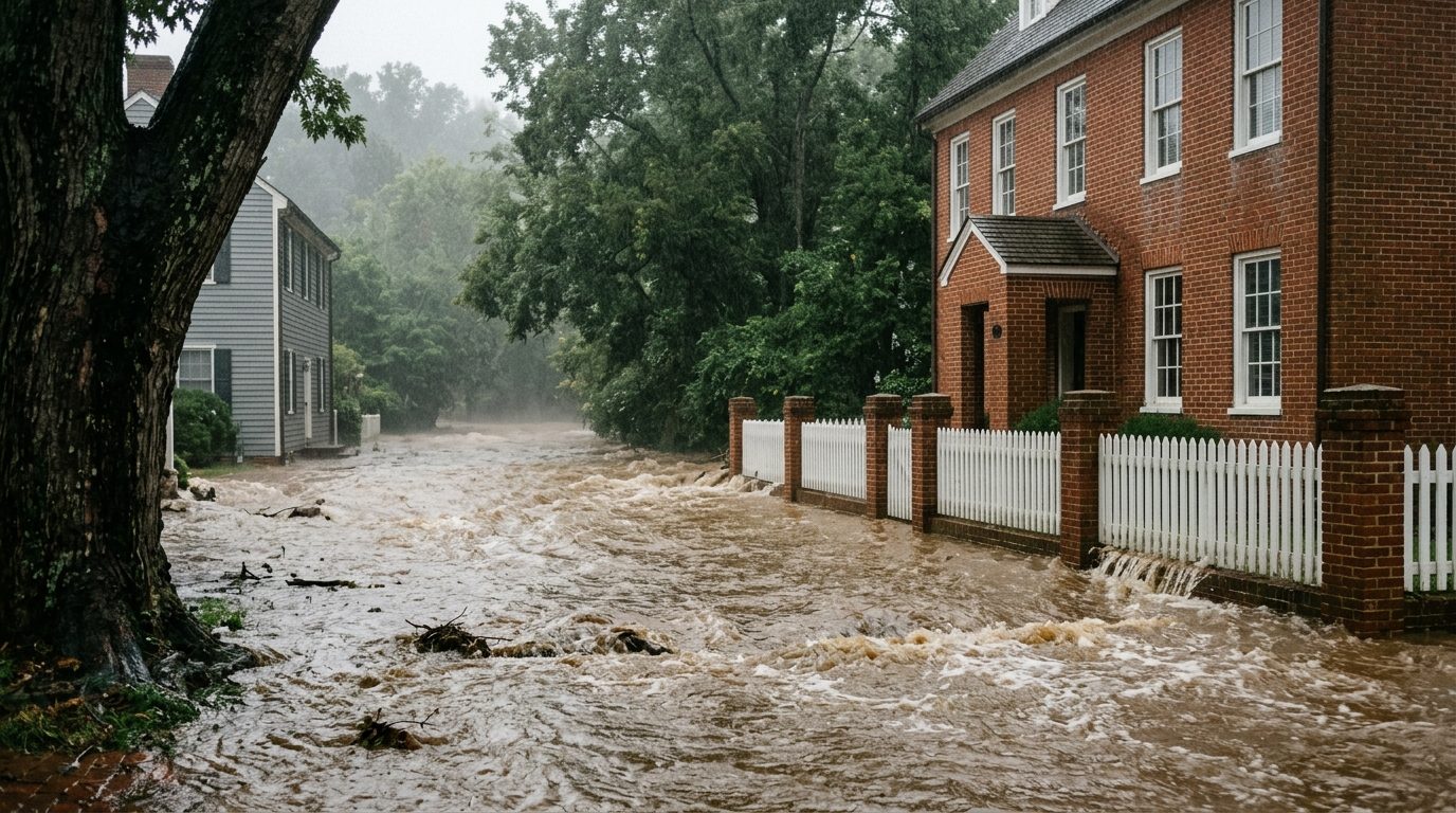 Artist's rendering: Mill Street in the town of Occoquan with fast brown water running down the street past a brick house and a white picket fence