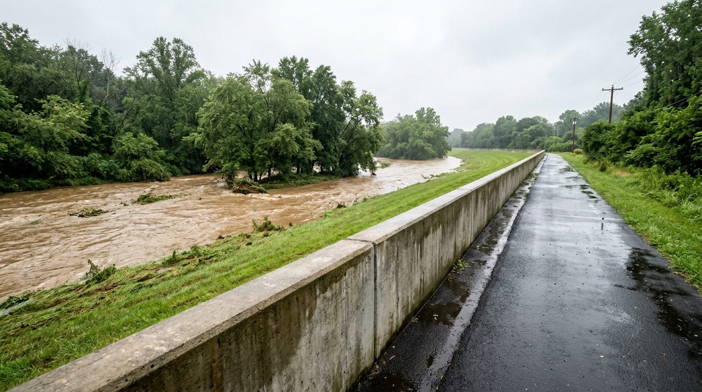 Artist's rendering: the Huntington levee floodwall beside a full, muddy Cameron Run, with a wet trail on the dry side