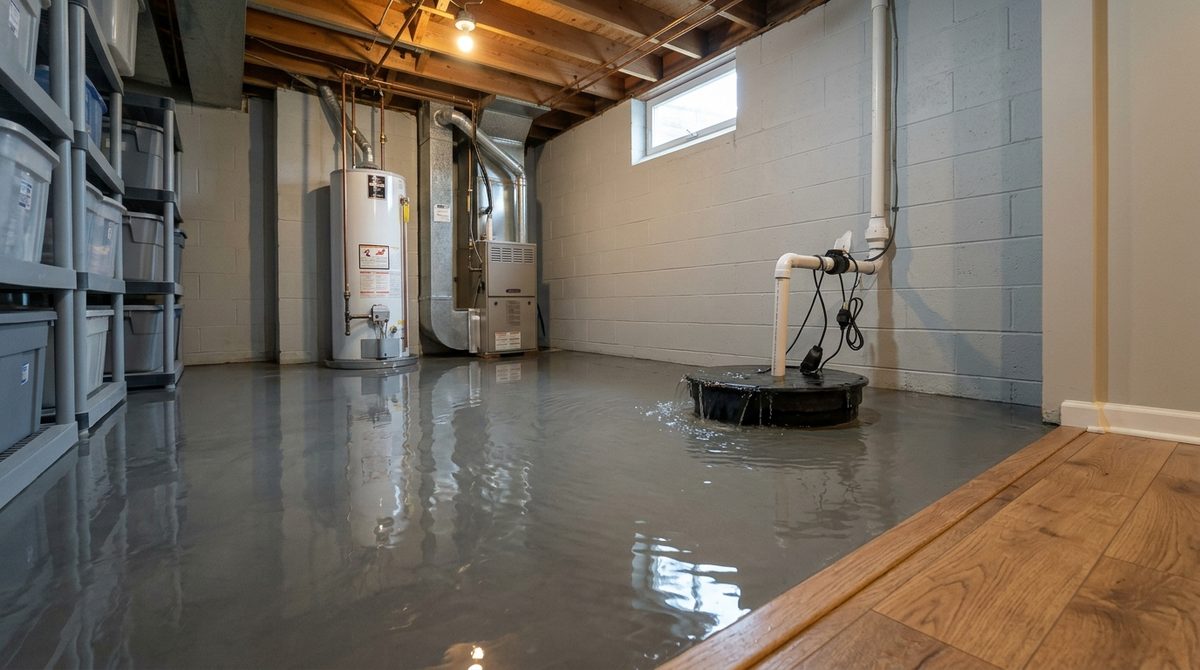 Artist's rendering: a basement utility room with a thin sheet of clear water spreading from the sump pit across the concrete floor, storage bins on shelves