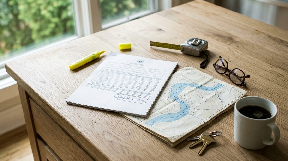 Artist's rendering: an elevation certificate form and a printed flood map on a kitchen island with a tape measure, keys, glasses and coffee
