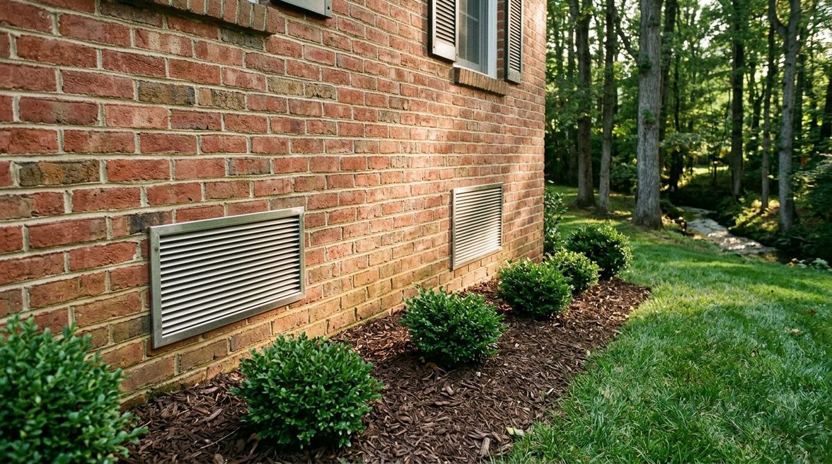 Artist's rendering: two metal flood vents set low in the brick foundation of a colonial home, with boxwoods and a wooded creek beyond