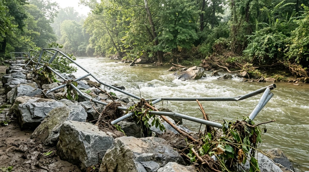Artist's rendering: Four Mile Run in Arlington running high the morning after a flash flood, a bent railing and branches caught on the rocks