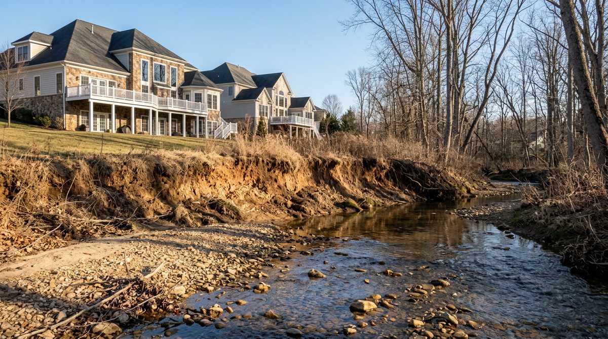 Artist's rendering: large homes on a slope above Little Pimmit Run in McLean, the creek bank cut away by past high water