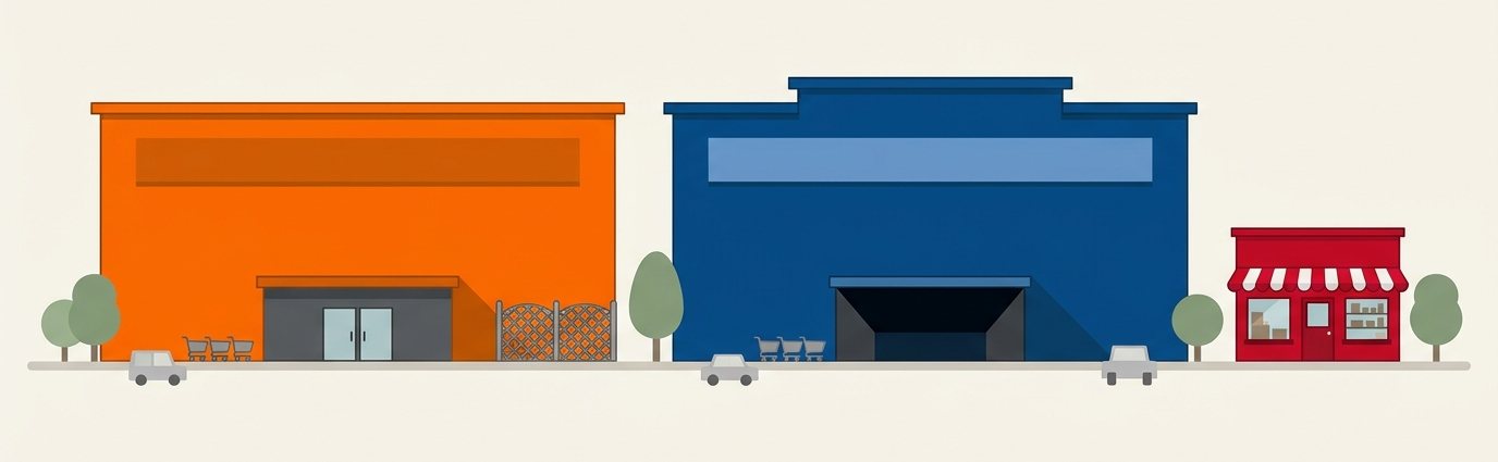 رسم توضيحي: متجران ضخمان بحجم مستودع بالبرتقالي والأزرق بجانب متجر حي صغير أحمر، مرسومة بأشكال بسيطة