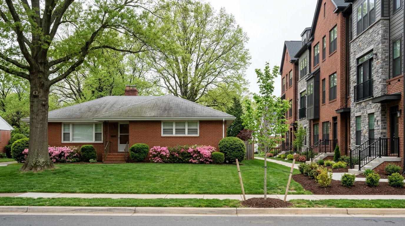 Concept image: a 1960s one-story brick rambler beside a new row of tall, narrow three-story townhouses on a Northern Virginia street