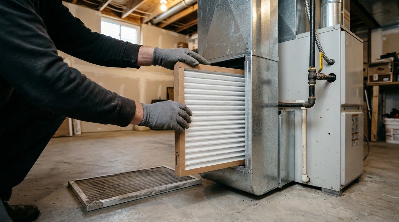 Concept image: gloved hands sliding a clean pleated filter into a basement furnace, the old dusty filter on the floor