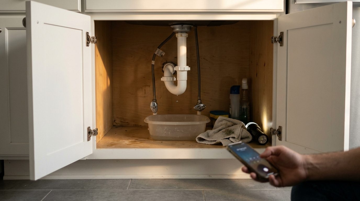 Concept image: closed shutoff valves and a small drip under a kitchen sink, a hand holding a phone ready to call a plumber