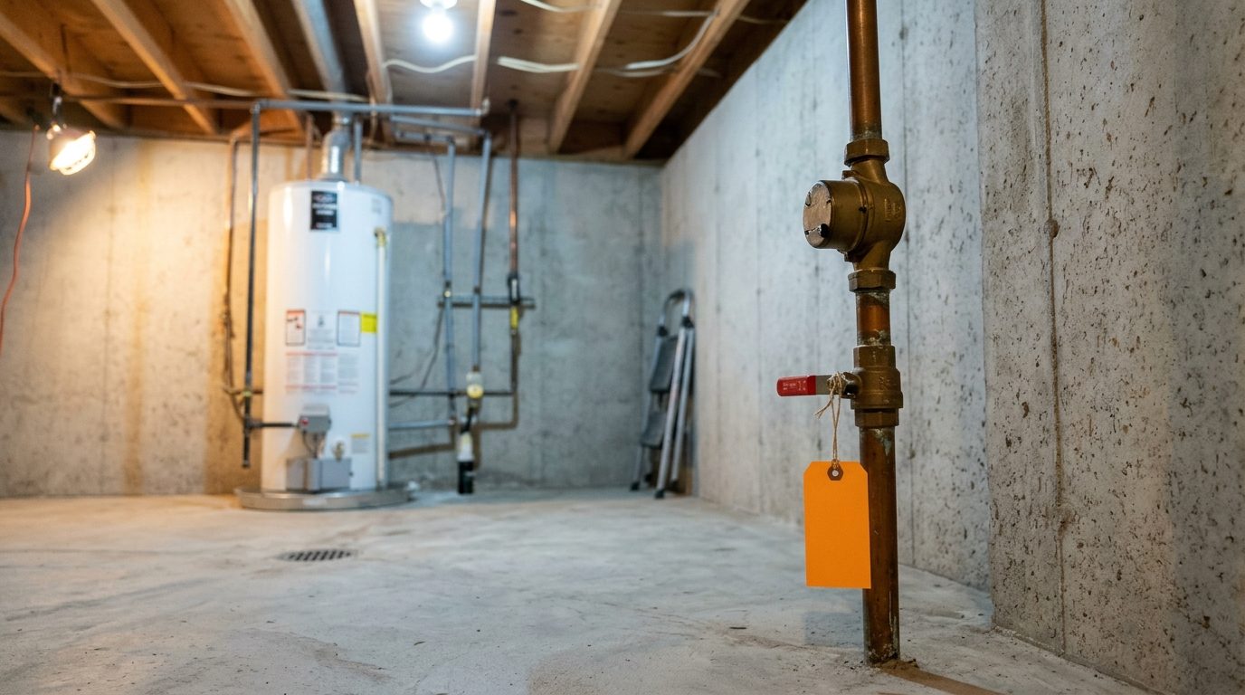 Concept image: an orange tag hanging from the red-handled main water shutoff valve in a basement, next to the water heater