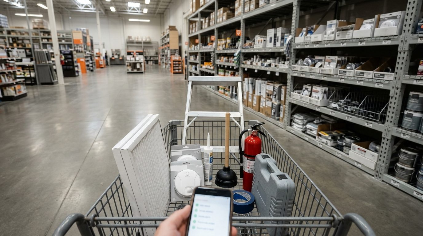 Concept image: a shopping cart with furnace filters, smoke alarms, caulk, a plunger and a fire extinguisher in a hardware store aisle