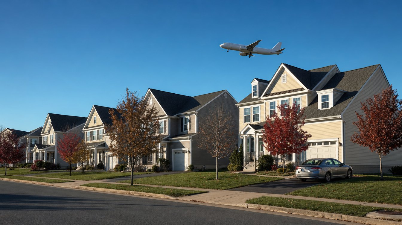 A jetliner with its landing gear down passing low over the rooftops of a Loudoun neighborhood on final approach to Dulles