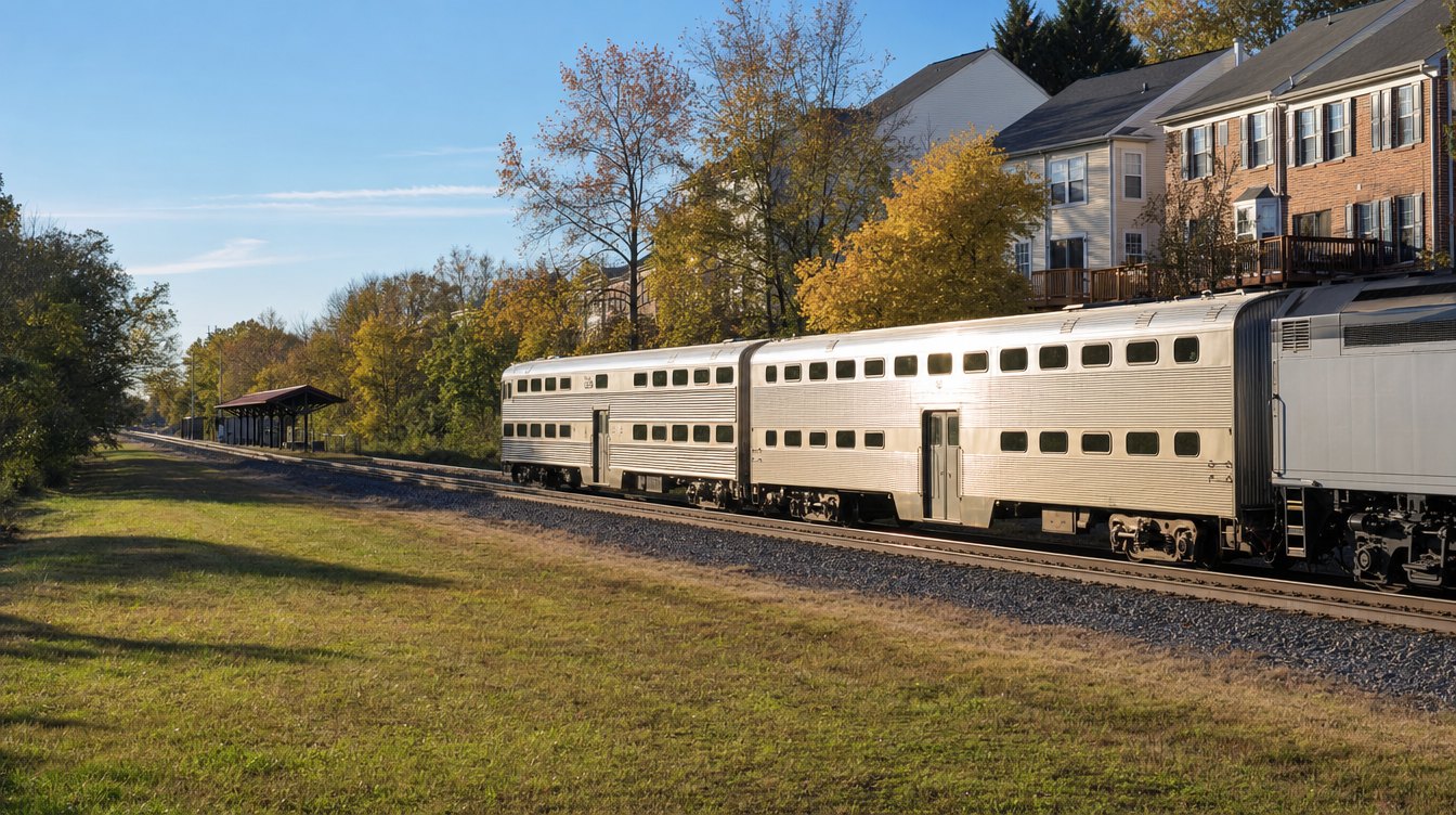A silver double-deck VRE commuter train passing a small station shelter, with townhouse decks just above the tracks in fall color