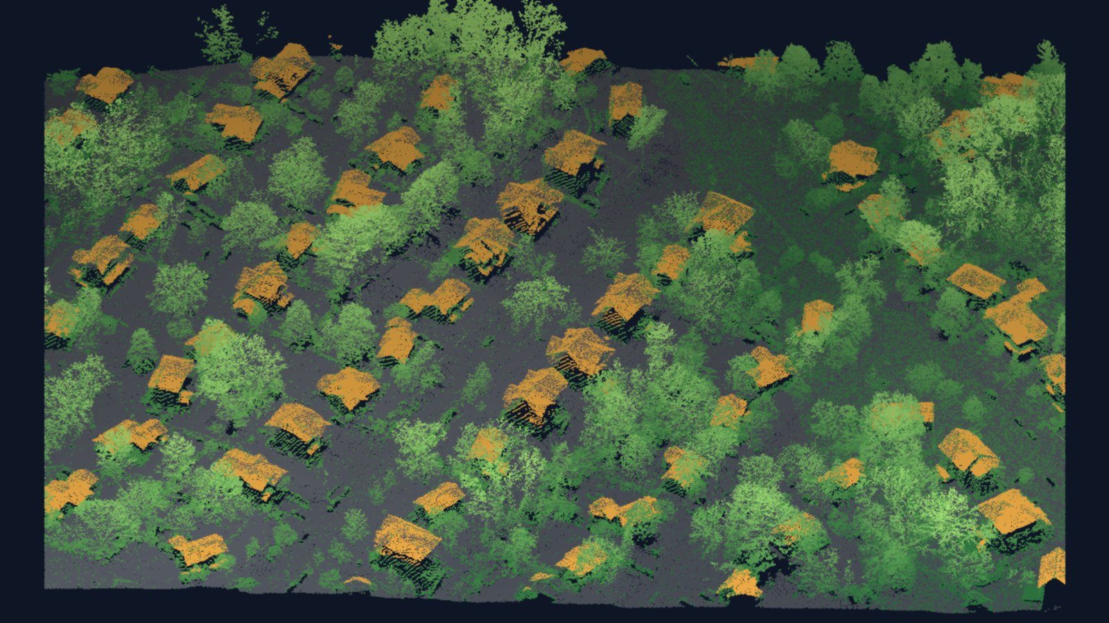 Laser survey dots over a street of houses in Vienna, Virginia, seen at an angle: gold roofs, green trees, gray ground