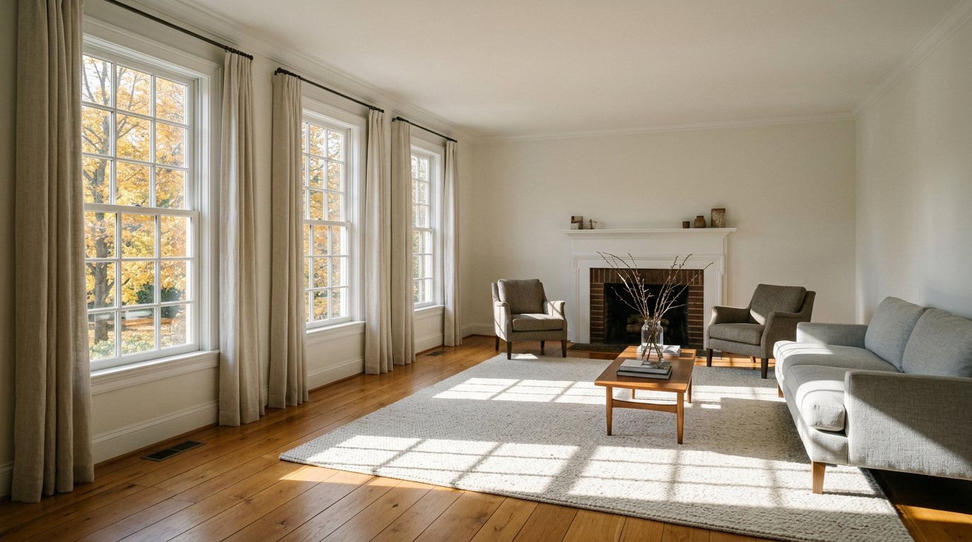 Living room with afternoon sun coming in, lights off