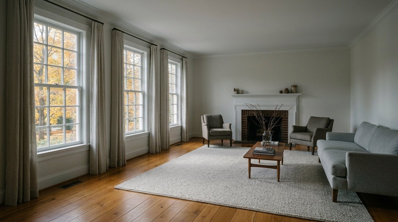 The same living room with no direct sun, lights off
