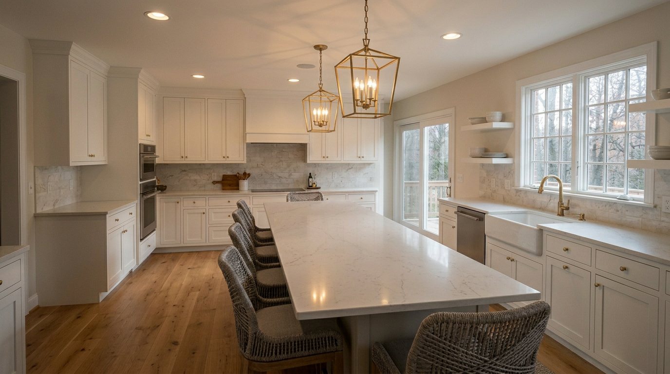 The same kitchen with no sun and the ceiling lights on