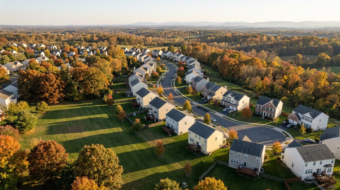 Aerial view of a Loudoun neighborhood in fall with long late-afternoon shadows stretching across the lawns