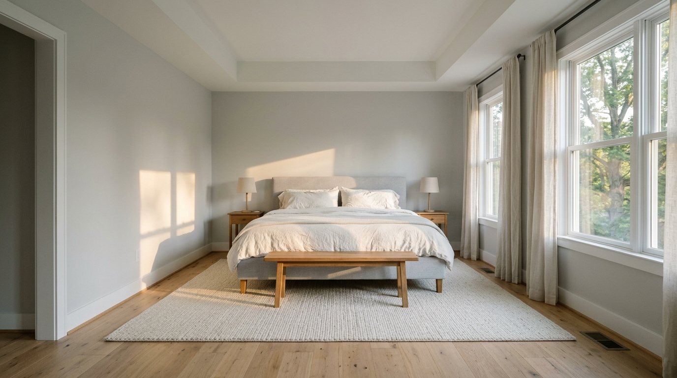 Golden evening sun from west windows making warm patches on the walls of a calm primary bedroom