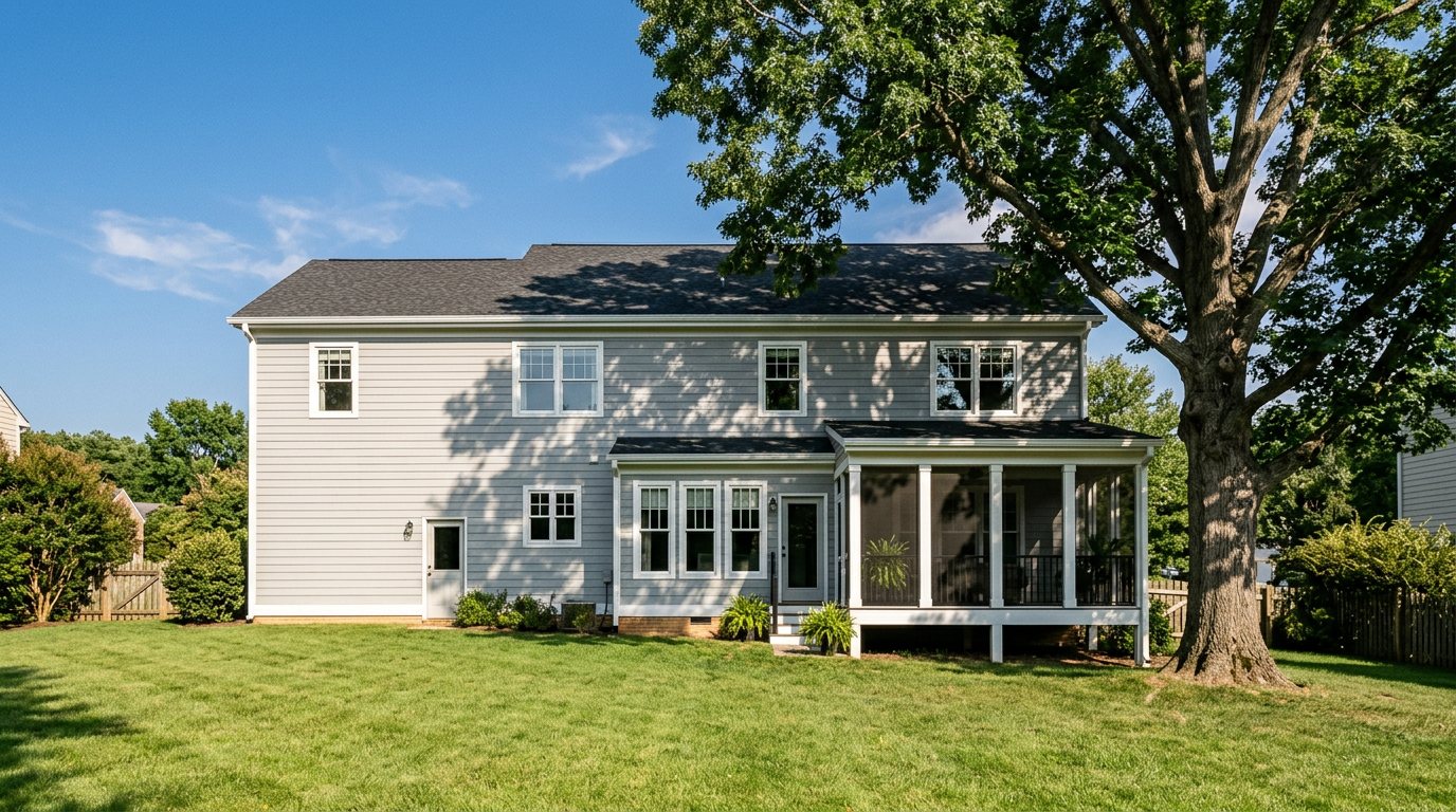The back of a Fairfax colonial with a screened porch, dappled in the shade of a big oak on a summer afternoon
