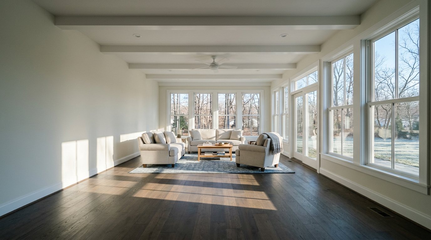 Low winter sun reaching deep across the floor of a family room lined with south-facing windows, frost on the lawn outside