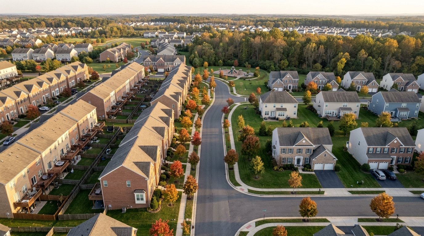 Concept image: a Loudoun County neighborhood from the air, rows of brick townhouses on one side of a curving street and larger detached houses on the other, in fall color
