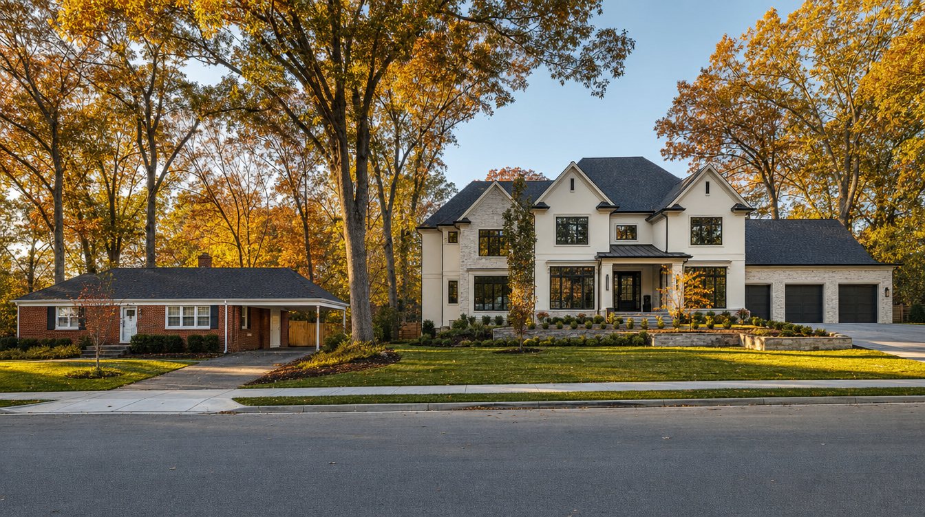 Concept image: a small 1950s brick rambler beside a much larger new stone-and-stucco custom home on a McLean street in fall